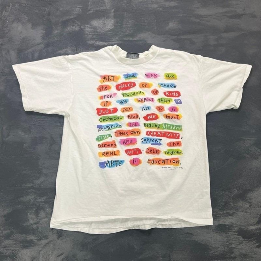 Vintage Fred Babb Shirt Mens XL White 1990s Art And Music Are Drugs Of Choice